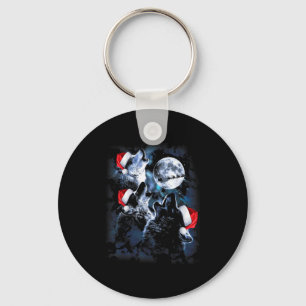 3 Wolves Howling Under Moon Christmas Santa Wolf L Key Ring