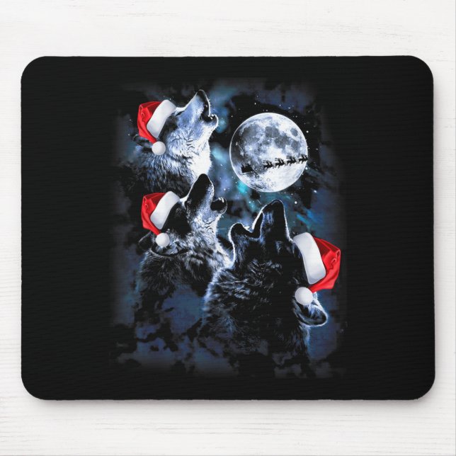 3 Wolves Howling Under Moon Christmas Santa Wolf L Mouse Mat (Front)