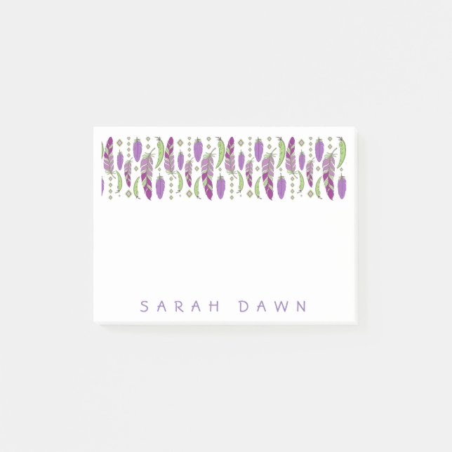 3”x4” POST-IT NOTE FEATHERS PURPLE CUSTOM NAME (Front)