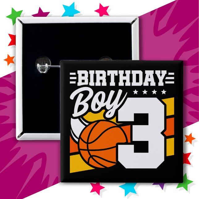 3 Year Old Basketball Party Theme 3rd Birthday Boy 15 Cm Square Badge (Creator Uploaded)