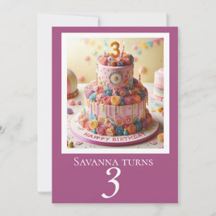 3 YEAR OLD BIRTHDAY CAKE PARTY INVITATION