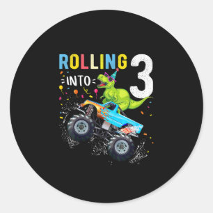 3 Year Old Birthday Dinosaur Monster Truck Family  Classic Round Sticker
