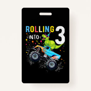 3 Year Old Birthday Dinosaur Monster Truck Family  ID Badge