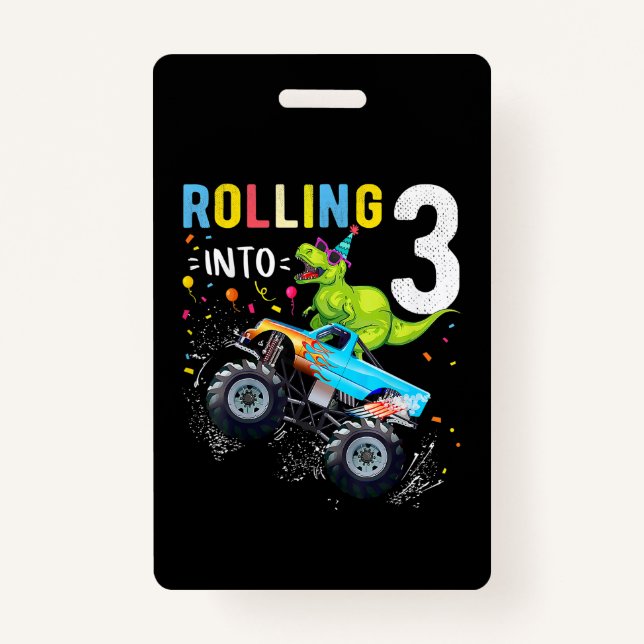 3 Year Old Birthday Dinosaur Monster Truck Family  ID Badge (Front)