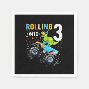 3 Year Old Birthday Dinosaur Monster Truck Family  Napkin
