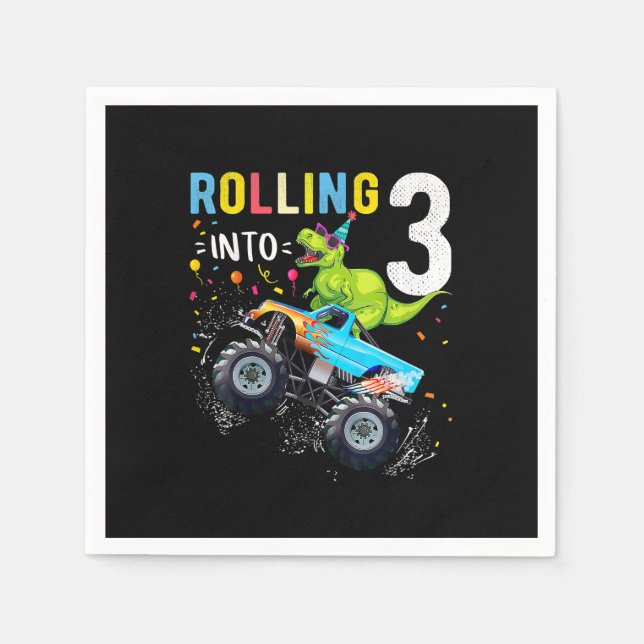3 Year Old Birthday Dinosaur Monster Truck Family  Napkin (Front)