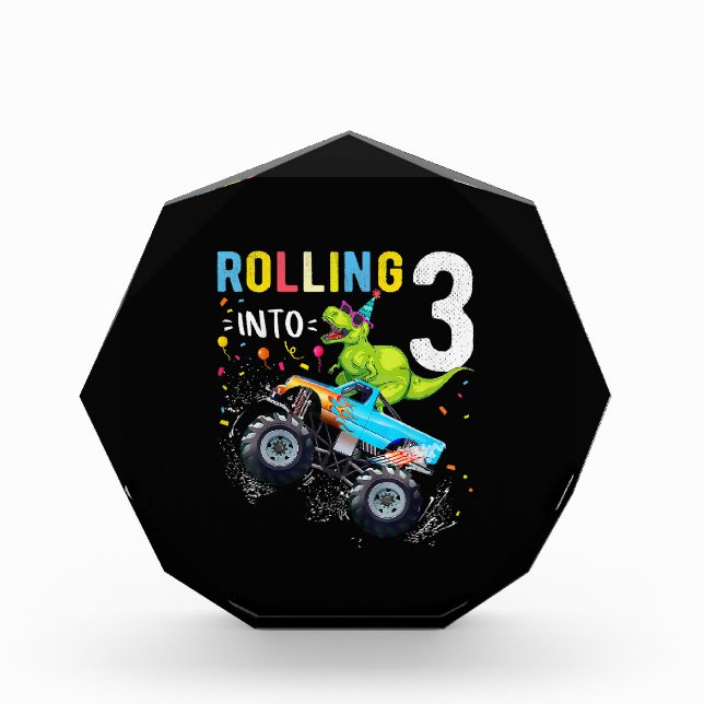 3 Year Old Birthday Dinosaur Monster Truck Family  Photo Block (Front)