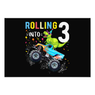 3 Year Old Birthday Dinosaur Monster Truck Family  Photo Print
