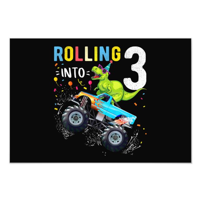 3 Year Old Birthday Dinosaur Monster Truck Family  Photo Print (Front)