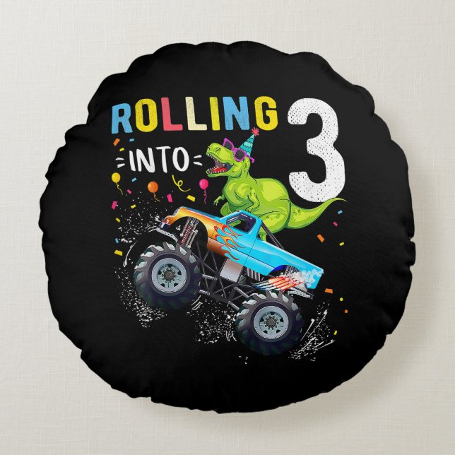 3 Year Old Birthday Dinosaur Monster Truck Family  Round Cushion (Front)