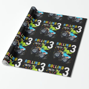 3 Year Old Birthday Dinosaur Monster Truck Family Wrapping Paper