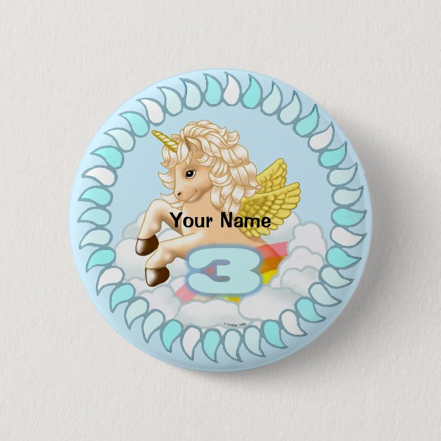 3 year old Birthday Unicorn pin button (Front)
