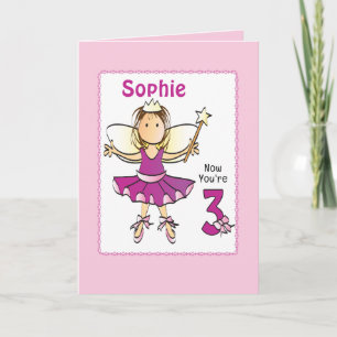 3 Year Old Cute Ballerina Cartoon Pink Birthday   Card