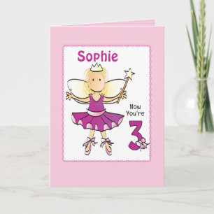 3 Year Old Cute Ballerina Cartoon Pink Birthday   Card