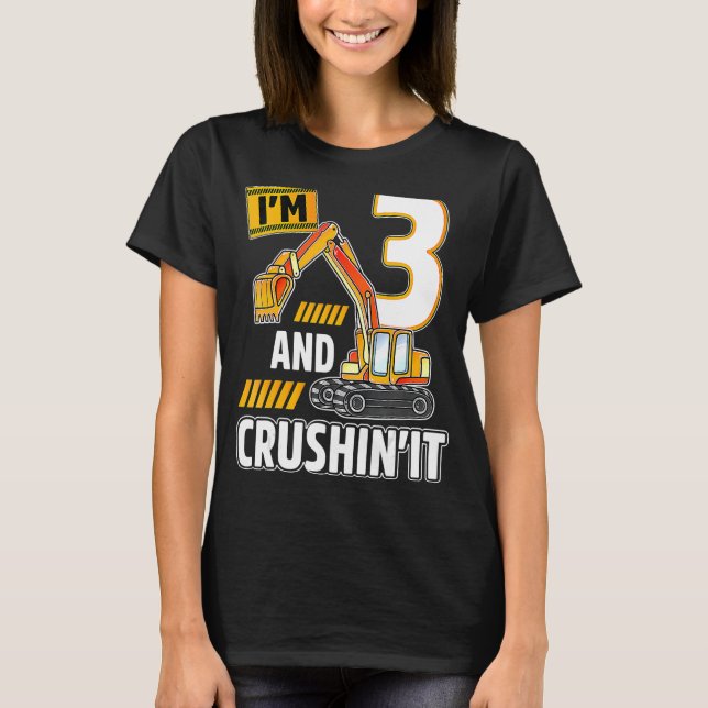 3 Year Old Vehicles Construction Excavator Birthda T-Shirt (Front)