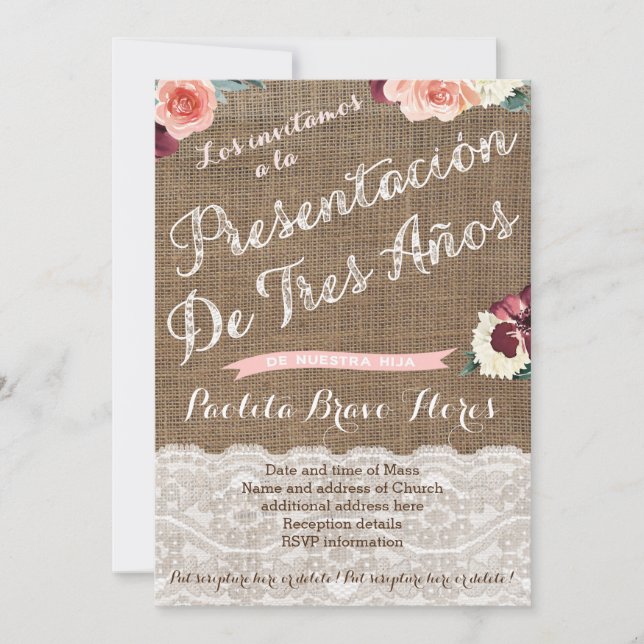 3 year Presentation ceremony invites in Spanish (Front)