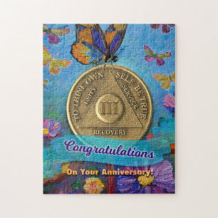 3 Year Sober Anniversary Coin Butterflies Flowers Jigsaw Puzzle