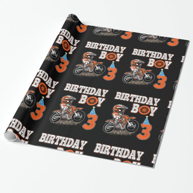 3 Years Old Kid - Birthday Boy - Dirt Bike - Motor Wrapping Paper (Unrolled)