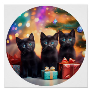 3 Young Blue Eyed Black Kittens Christmas Scene Poster