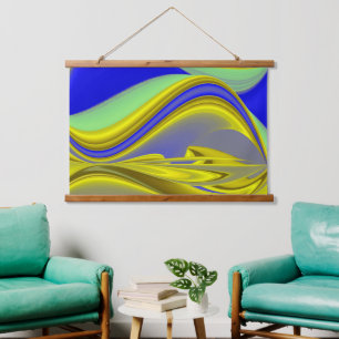3D Abstract in Gold Yellow Blue Green Hanging Tapestry
