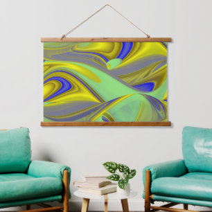 3D Abstract in Gold Yellow Blue Green Hanging Tapestry