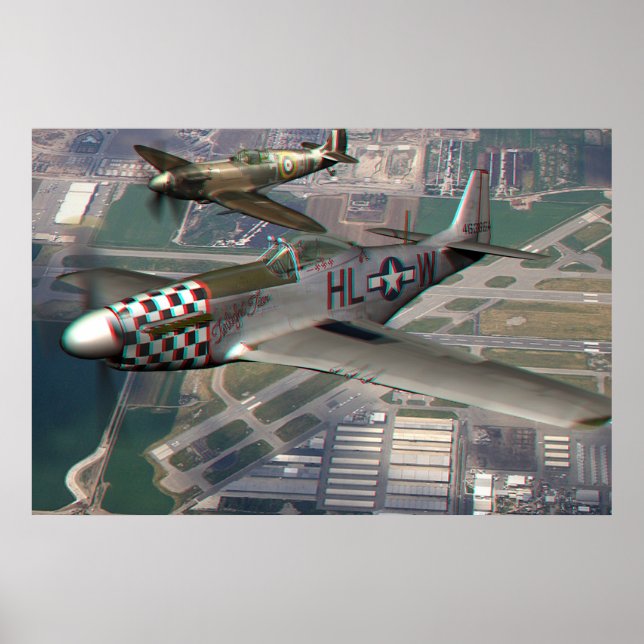 3D Anaglyph of P51 n Spitfire over Airfield Poster (Front)