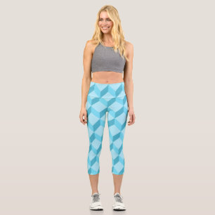 3D Aqua Blue Cubes Geometric Capri Leggings