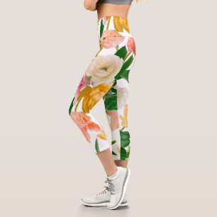 3D background of multi floral Feminine White Pink Capri Leggings