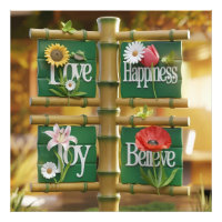 3D Bamboo Panels with Floral Motifs & Green Leaves