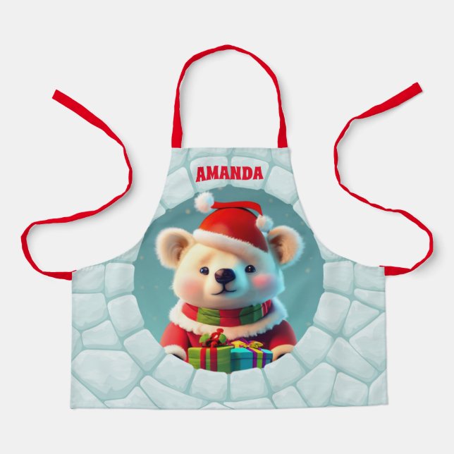 3D Bear Christmas Personalised Kids Apron (Front)