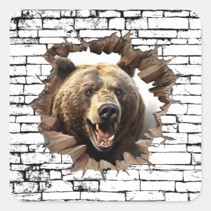 3D Bear Wall Break Art – Realistic Safari Square Sticker