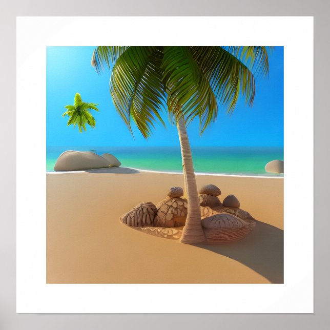 3D Beautiful sunset over a calm ocean & palm tree Poster (Front)