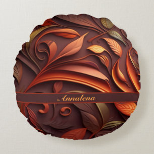 3D Blätter und Ranken Muster in Kupferfarben Round Cushion