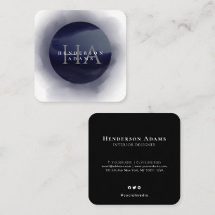 3D Blue and White Watercolor Monogram Logo Square Business Card