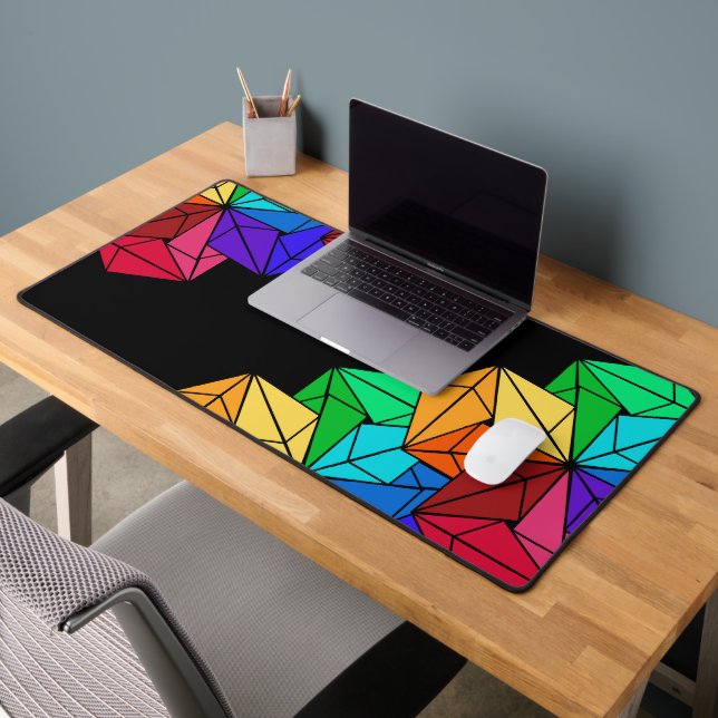 3D Bright Rainbow Cube Triangles on Black Desk Mat (Office 2)