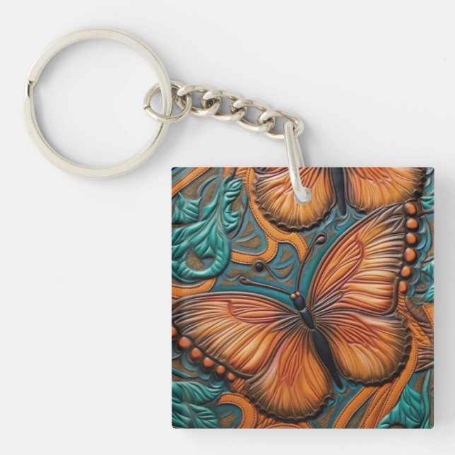 3D Brown and Turquoise Butterfly Key Ring (Front)