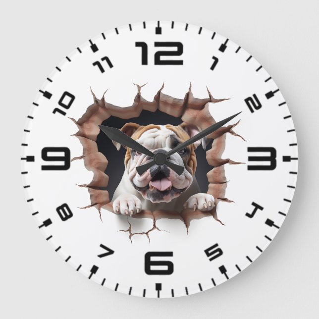 3D Bulldog Cracked Hole Large Clock (Front)