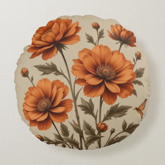 3d burnt orange flowers on beige background pillow (Front)