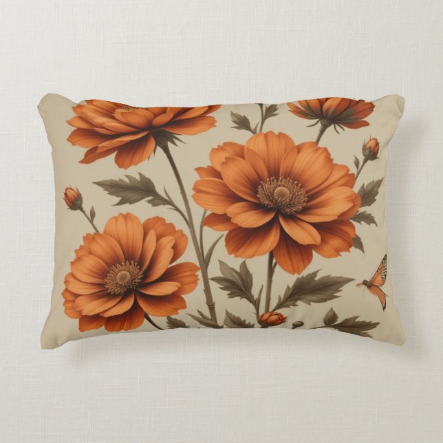 3d burnt orange flowers on beige background pillow (Front)