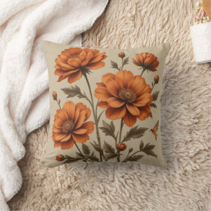 3d burnt orange flowers on beige background pillow