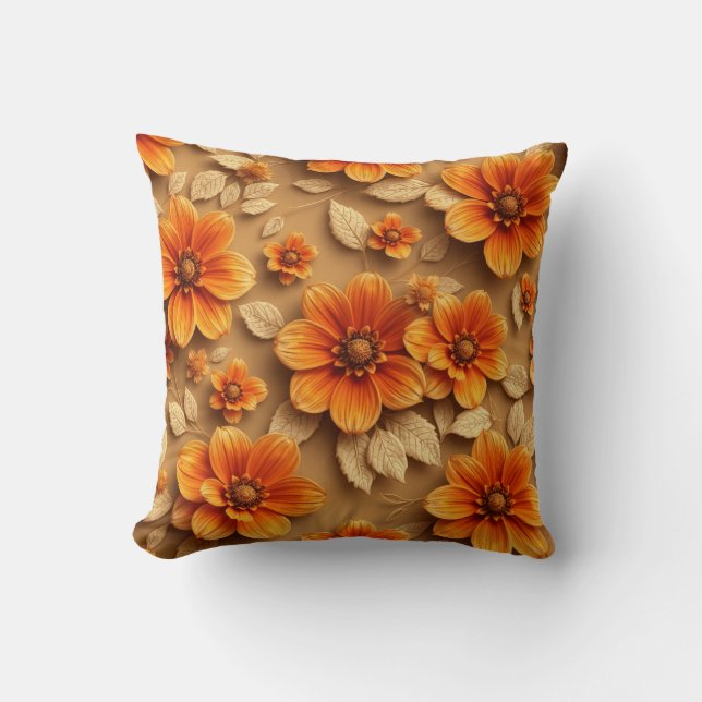 3d burnt orange flowers throw pillow, cushion (Front)