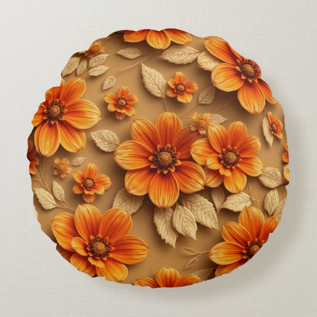 3d burnt orange flowers throw pillow, round cushion (Front)