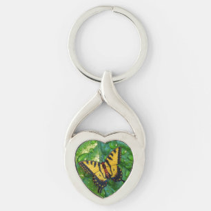 3D Butterfly on Green Leaf with Raindrops Key Ring