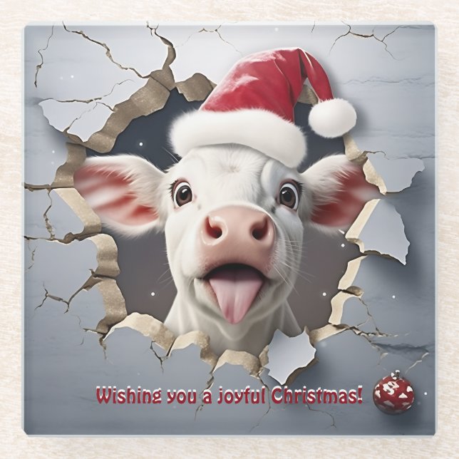3D Calf Christmas   Glass Coaster (Front)