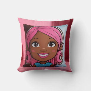 3D Cartoon Girl Pillow: Brown Skin, Pink Hair Smil Cushion