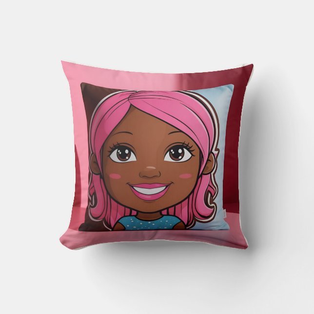 3D Cartoon Girl Pillow: Brown Skin, Pink Hair Smil Cushion (Front)