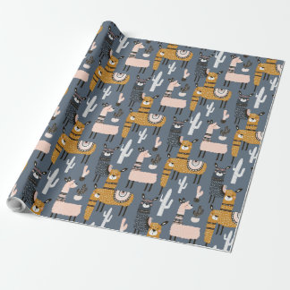 3D Cartoon Grey & Yellow Horse with Cactus Theme  Wrapping Paper