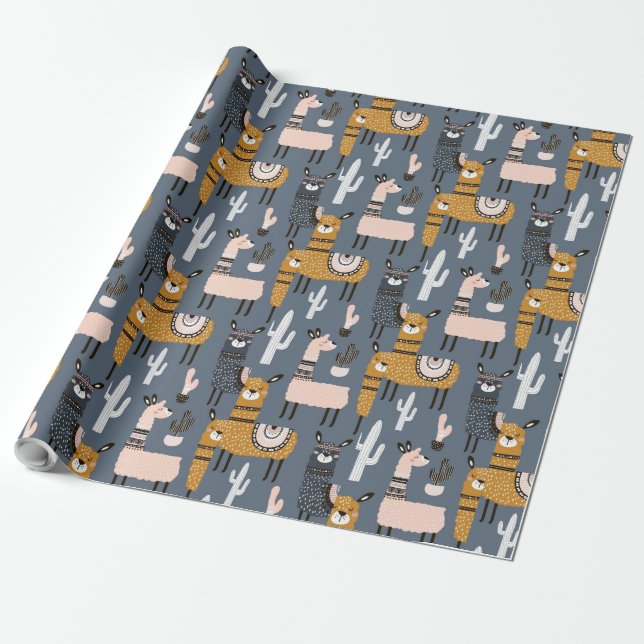 3D Cartoon Grey & Yellow Horse with Cactus Theme  Wrapping Paper (Unrolled)
