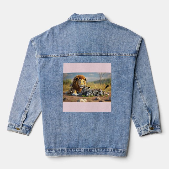 3D Cartoon Lion Eating Zebra – Wild Savannah Scene Denim Jacket (Back)