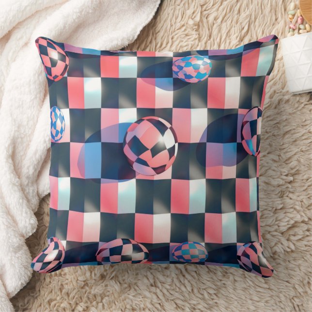 3D Chequerboard Grid with Floating Spheres Pattern Cushion (Blanket)